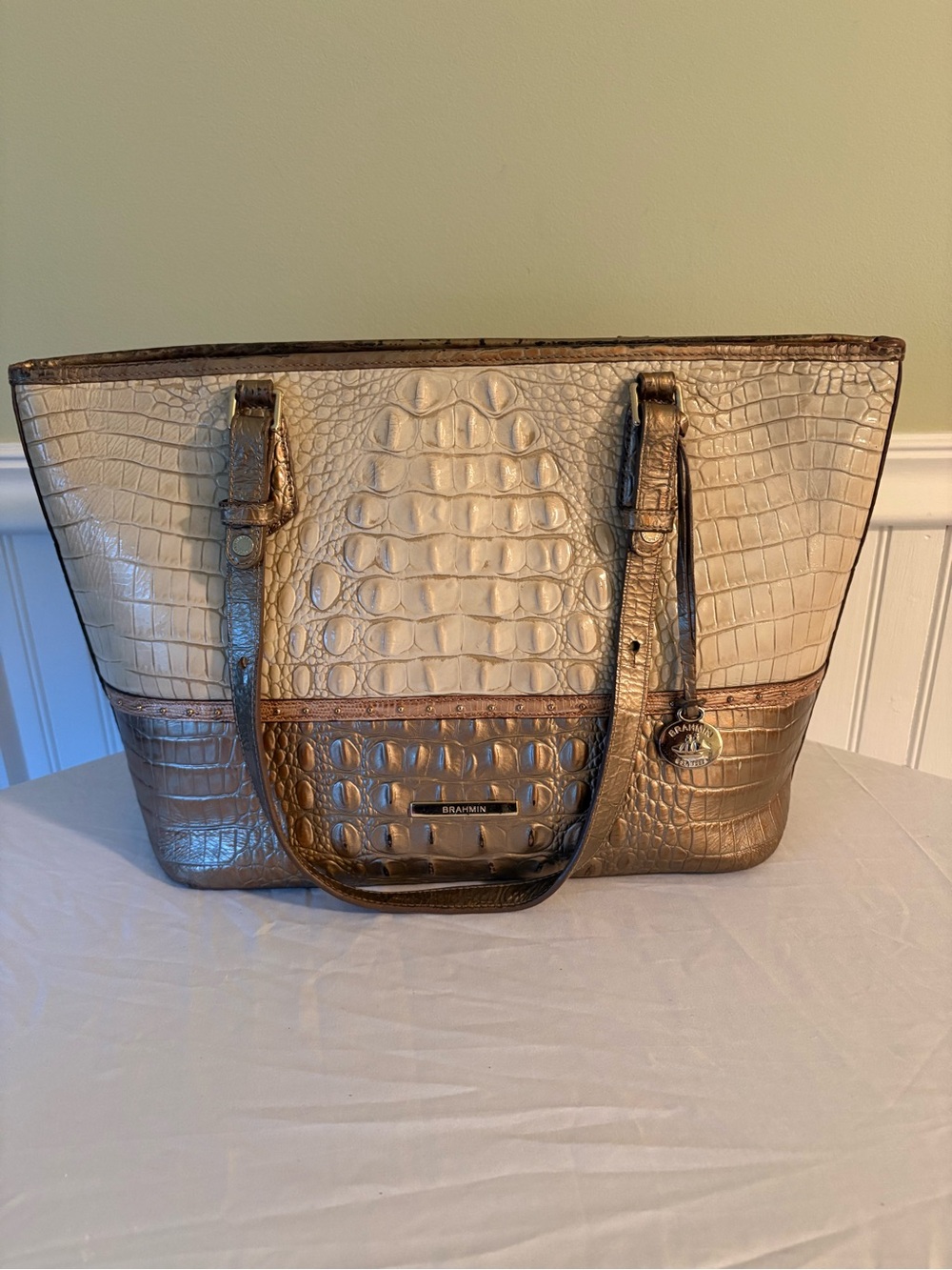 Brahmin Medium Asher Tote Bag Metallic Bronze and Cream Preowned